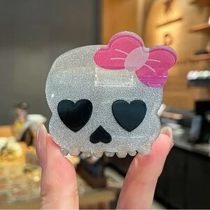 Glitter Skull Hair Clip with Pink Bow